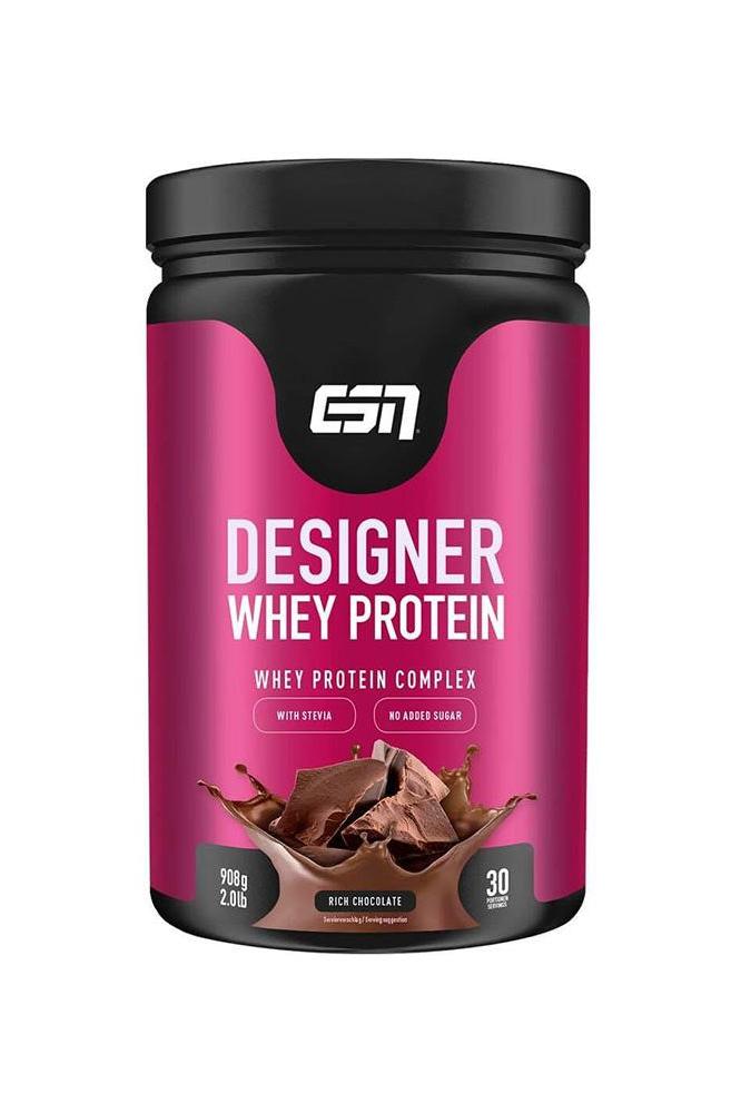 ESN Designer Whey Protein jar in rich chocolate flavor, showcasing high-quality whey protein complex.