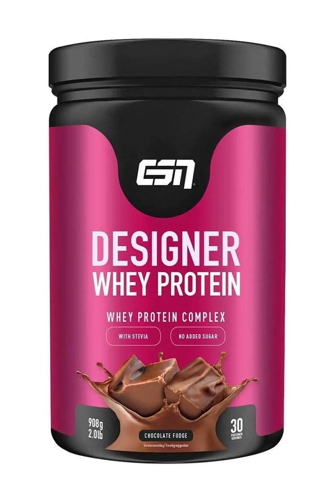 ESN Designer Whey Protein powder in Chocolate Fudge flavor, featuring a sleek black and pink container.