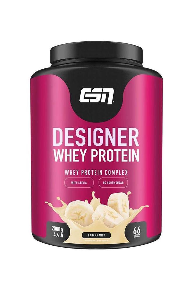 ESN Designer Whey Protein powder in Banana Milk flavor, 2000g container, highlights low sugar and high protein content.