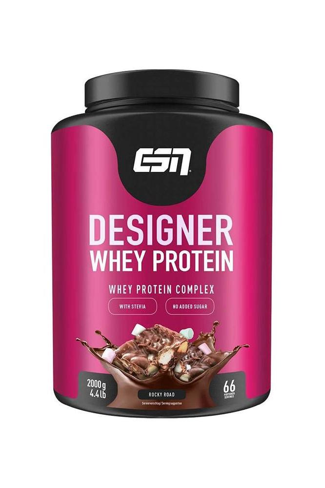 ESN Designer Whey Protein in Rocky Road flavor, 2000g tub with high-quality whey protein complex.