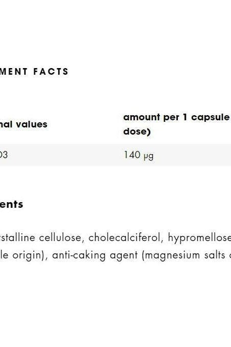 Nutrition facts and ingredients for ESN Vitamin D-3 capsules, detailing vitamin D content and other components.