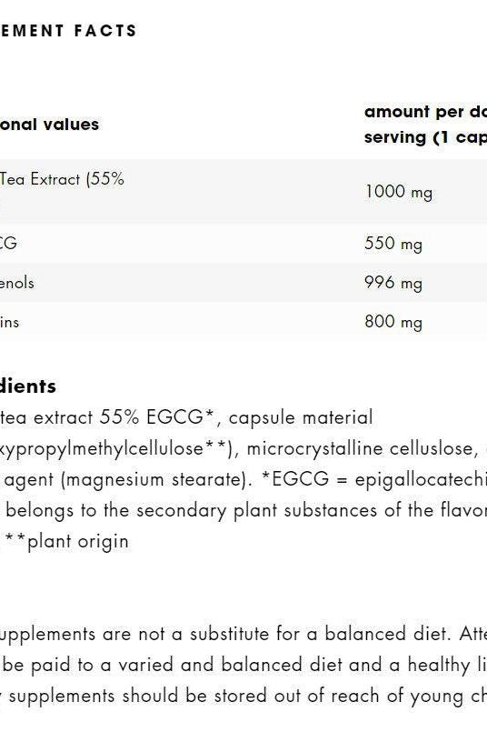Nutritional facts for ESN Green Tea Giga Caps including ingredients and amounts per serving.