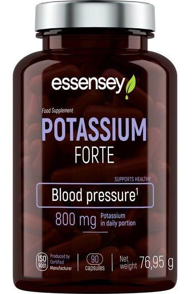 Essensey Potassium Forte supplement with 800 mg potassium for healthy blood pressure support, 90 capsules.