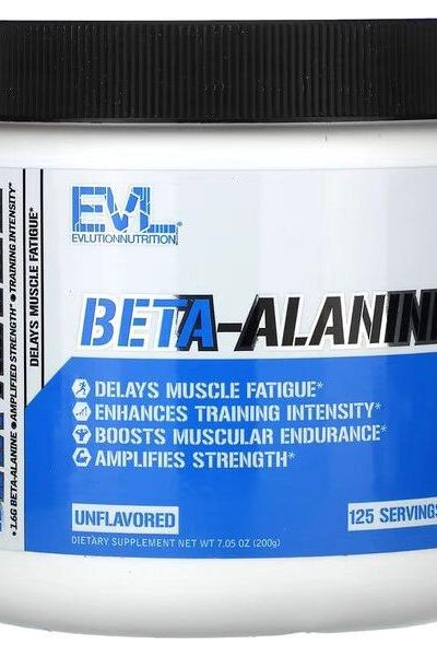 EVLution Nutrition Beta-Alanine supplement jar, boosts strength, enhances training intensity, unflavored, 125 servings.