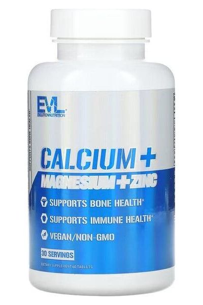 EVLution Nutrition Calcium, Magnesium, Zinc supplement bottle, supports bone and immune health, vegan and non-GMO.