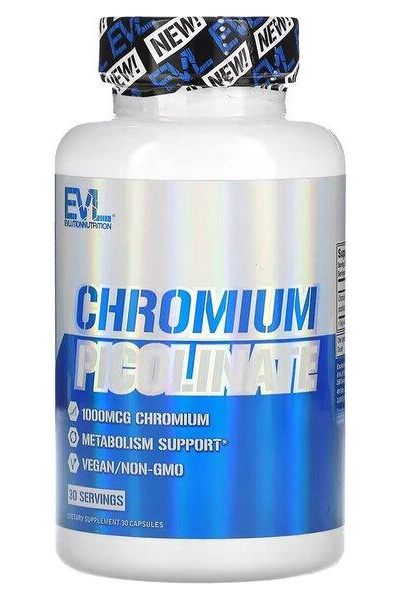 EVLution Nutrition Chromium Picolinate 1000MCG, vegan and non-GMO supplement for metabolism support, 30 servings.