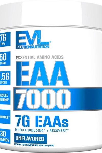 EVLution Nutrition EAA 7000 supplement tub, 7g essential amino acids for muscle building and recovery.