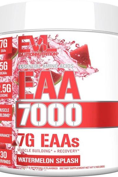 EVLution Nutrition EAA 7000 supplement tub, 7g essential amino acids, muscle building and recovery, Watermelon Splash flavor.