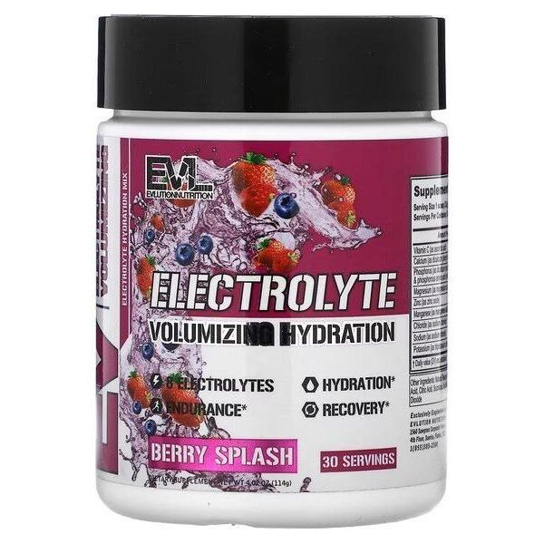 EVLution Nutrition Electrolyte Hydration Mix in Berry Splash flavor, 30 servings, gluten-free and vegan.