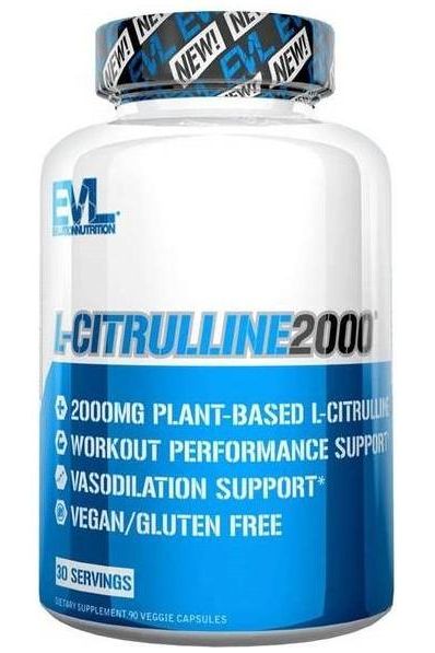 EVLution Nutrition L-Citrulline 2000mg bottle with 90 vegan capsules for workout performance support.