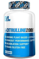 EVLution Nutrition L-Citrulline 2000mg bottle with 90 vegan capsules for workout performance support.