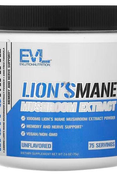 EVLution Nutrition Lion's Mane Mushroom Extract 1000mg for memory support, unflavored, vegan, 75 servings.