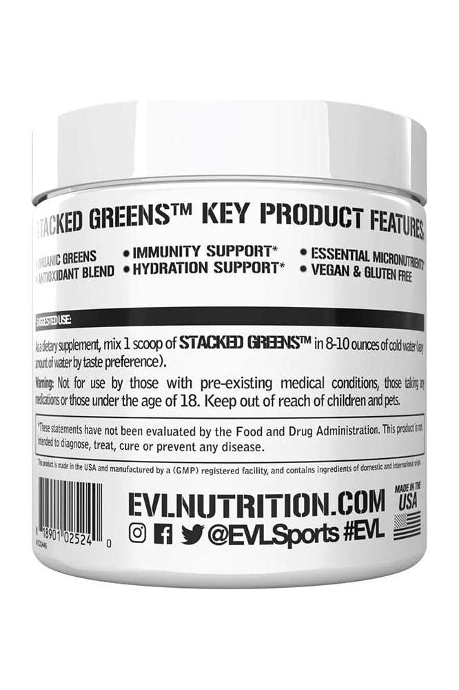 Evlution Nutrition Stacked Greens container highlighting key features like immunity support and essential micronutrients.