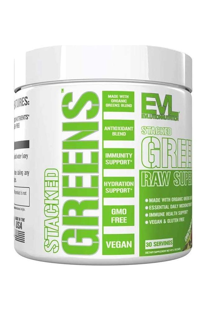 Evlution Nutrition Stacked Greens Orchard Apple supplement container, 30 servings, supports immune health and digestion.