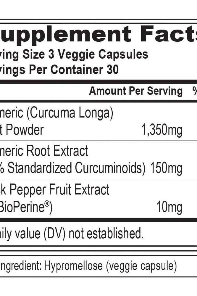 Supplement facts label for Evlution Nutrition Turmeric 1500 showing ingredients and serving information.