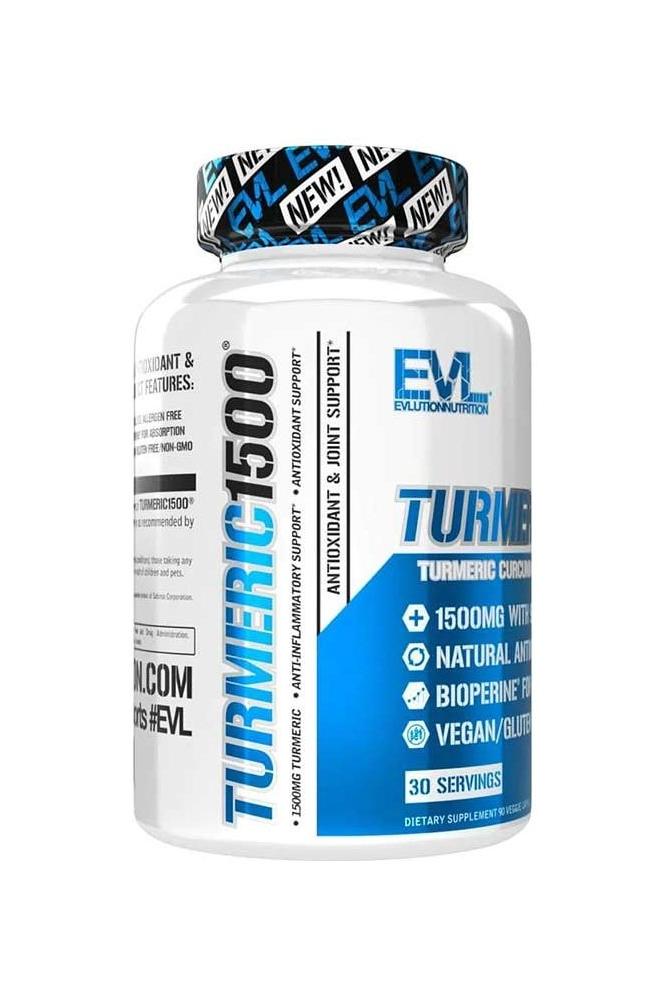 Evlution Nutrition Turmeric 1500 veggie capsules bottle, 1500mg turmeric, vegan and gluten-free, 30 servings.