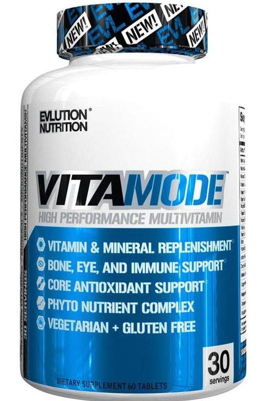 EVLution Nutrition VitaMode multivitamin bottle, high performance, supports bone, eye, immune health, vegetarian and gluten free.