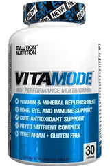 EVLution Nutrition VitaMode multivitamin bottle, high performance, supports bone, eye, immune health, vegetarian and gluten free.
