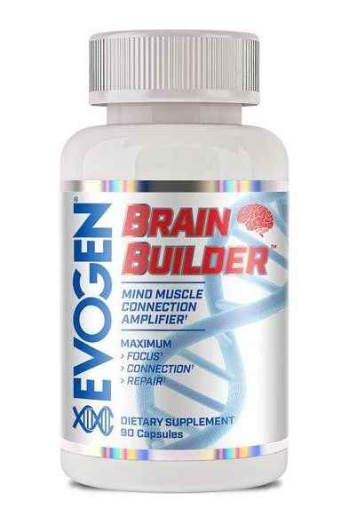 Evogen Brain Builder dietary supplement bottle, 90 capsules for mental focus and performance enhancement.