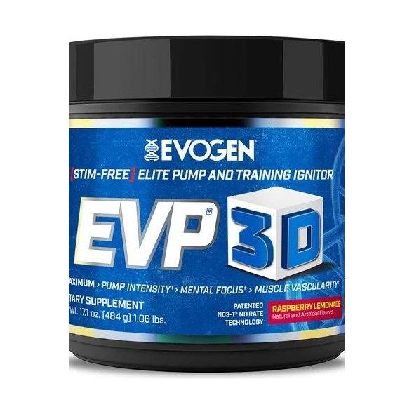 Evogen EVP 3D supplement container featuring raspberry lemonade flavor, designed for enhanced workout performance.