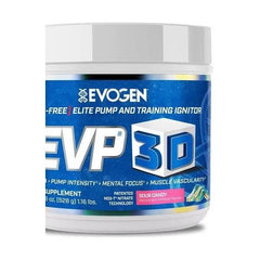 Evogen EVP 3D supplement container for enhanced workout performance and focus, Sour Candy flavor.