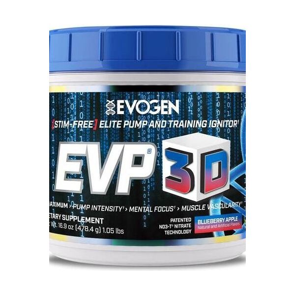 Evogen EVP 3D dietary supplement container for muscle pump and focus, flavored with blueberry apple.