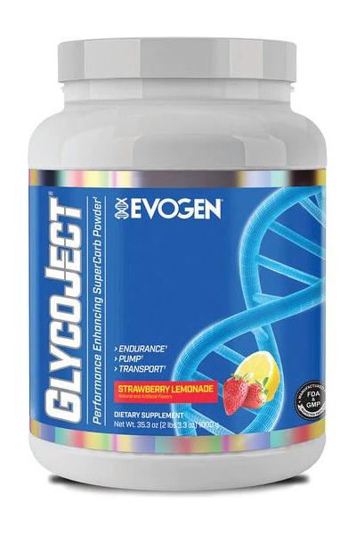Evogen GlycoJect performance supplement in strawberry lemonade flavor, designed for muscle fullness and recovery.