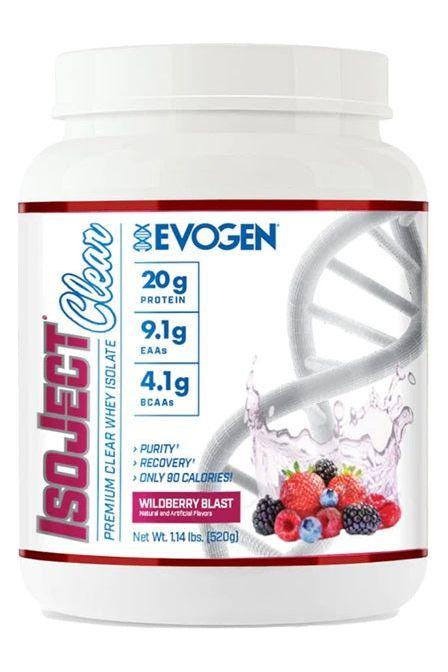 Evogen IsoJect Clear protein powder container with wildberry blast flavor, 20g protein, low calorie, and advanced technology benefits.