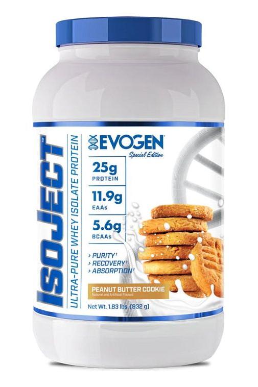 Evogen IsoJect Ultra-Pure Whey Isolate Protein, Peanut Butter Cookie flavor, 25g protein, 110-120 calories per serving.