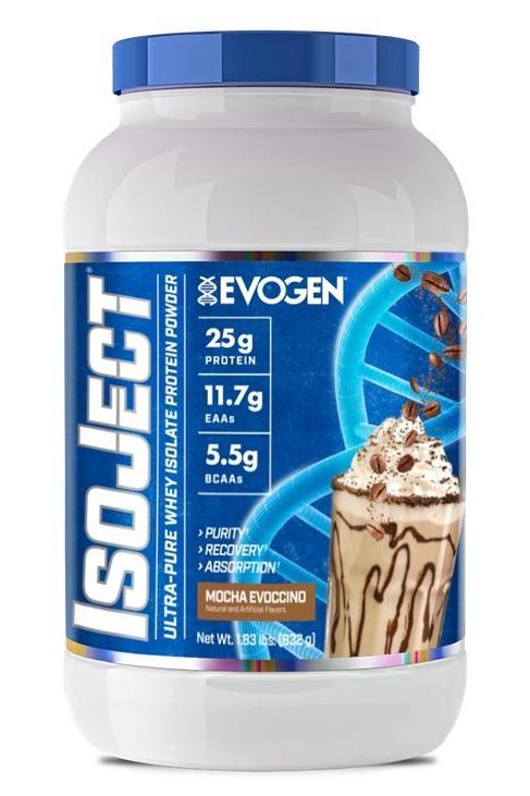 Evogen IsoJect protein powder in Mocha Evocino flavor, featuring 25g protein per serving, promoting purity and absorption.
