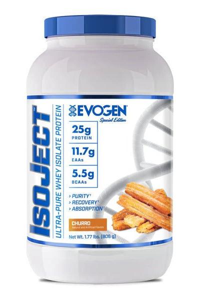 Evogen IsoJect ultra-pure whey isolate protein, 25g protein, churro flavor, high absorption and recovery.