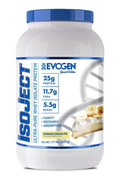 Evogen IsoJect whey isolate protein tub featuring banana cream pie flavor, highlighting 25g protein per serving.