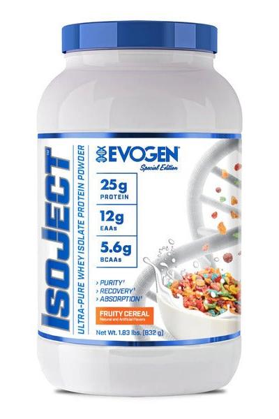 Evogen IsoJect whey isolate protein powder in Fruity Cereal flavor with 25g protein per serving.