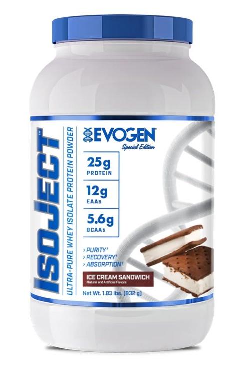 Evogen IsoJect ultra-pure whey protein powder with ice cream sandwich flavor, 25g protein per serving.