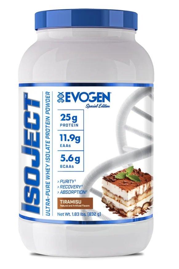 Evogen IsoJect protein powder in Tiramisu flavor, featuring 25g protein, 11.9g EAAs, 5.6g BCAAs per serving.