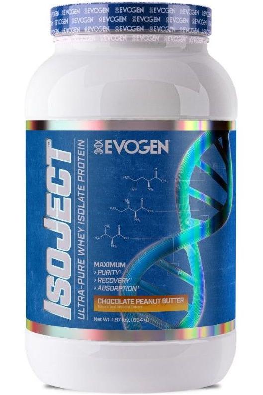 Evogen IsoJect ultra-pure whey isolate protein in chocolate peanut butter flavor, promoting recovery and absorption.