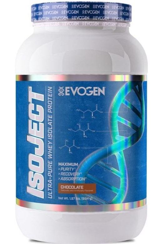 Evogen IsoJect ultra-pure whey isolate protein container, chocolate flavor, for maximum purity and recovery.
