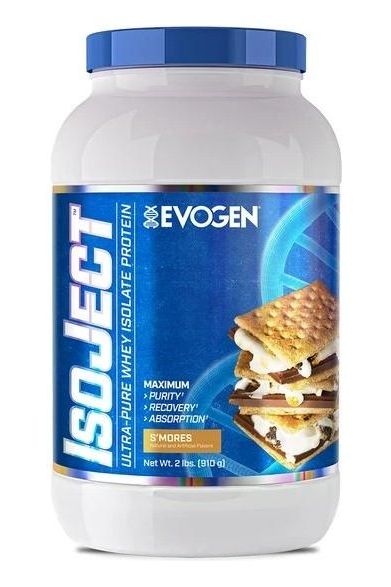 Evogen IsoJect ultra-pure whey isolate protein container, s'mores flavor, 2 lbs, showcasing maximum purity and absorption.