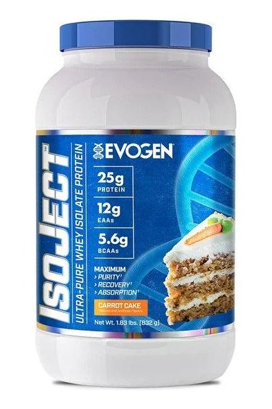 Evogen IsoJect Carrot Cake whey protein powder container with 25g protein and high absorption technology.