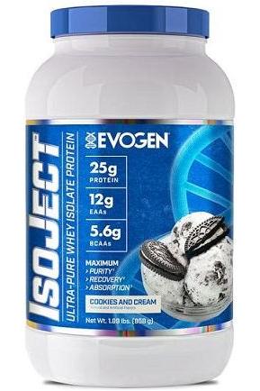Evogen IsoJect Cookies and Cream, ultra-pure whey protein isolate with 25g protein per serving.