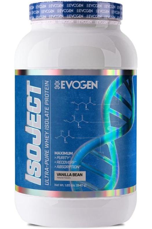 Evogen IsoJect whey protein isolate in Vanilla Bean flavor, offering 100% pure proteins and exceptional taste.
