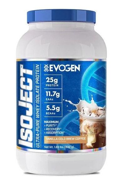 Evogen IsoJect protein powder container featuring 25g protein, 11.7g EAAs, and 5.5g BCAAs in Vanilla Cold Brew Coffee flavor.