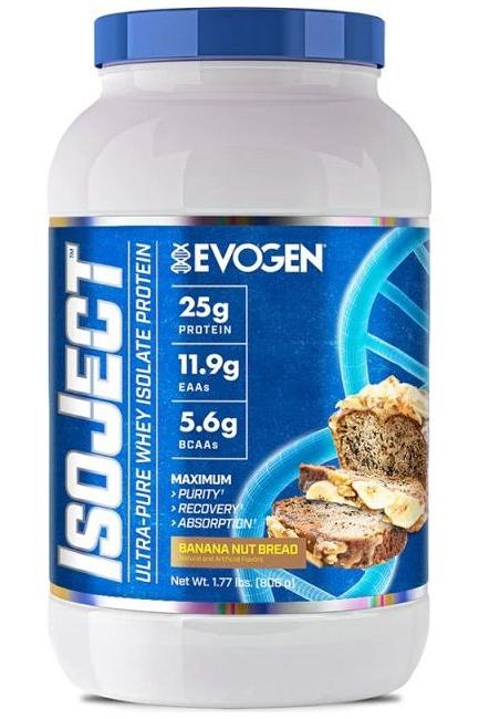 Evogen IsoJect whey isolate protein powder in banana nut bread flavor, featuring 25g protein per serving.