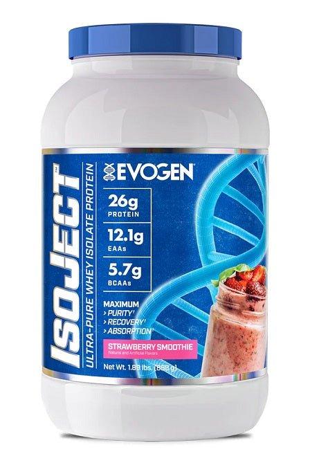 Evogen IsoJect ultra-pure whey isolate protein powder, strawberry smoothie flavor, 26g protein per serving.
