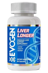 Evogen Liver Longer dietary supplement bottle with 84 capsules for liver health and detox support.