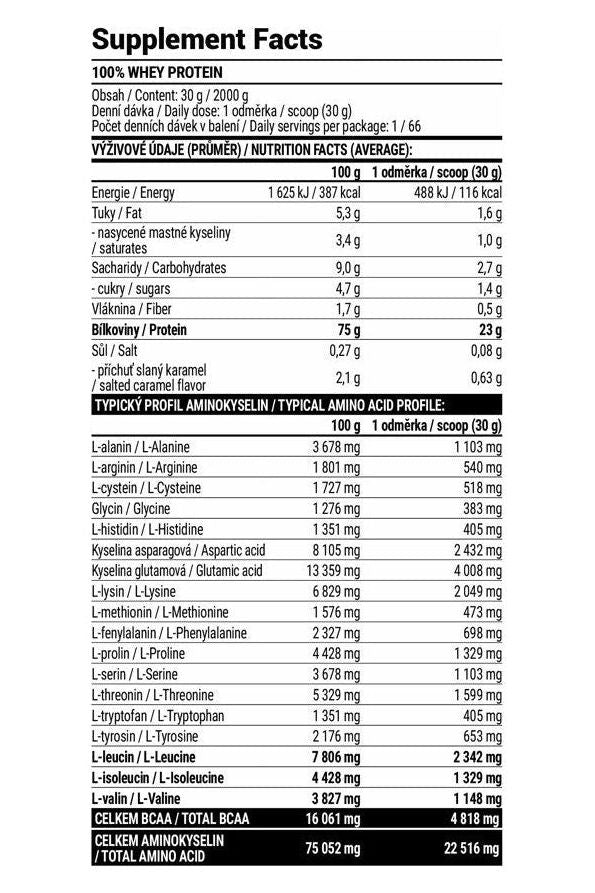 Supplement Facts for Extrifit 100% Whey Protein showing nutritional information and amino acid profile.