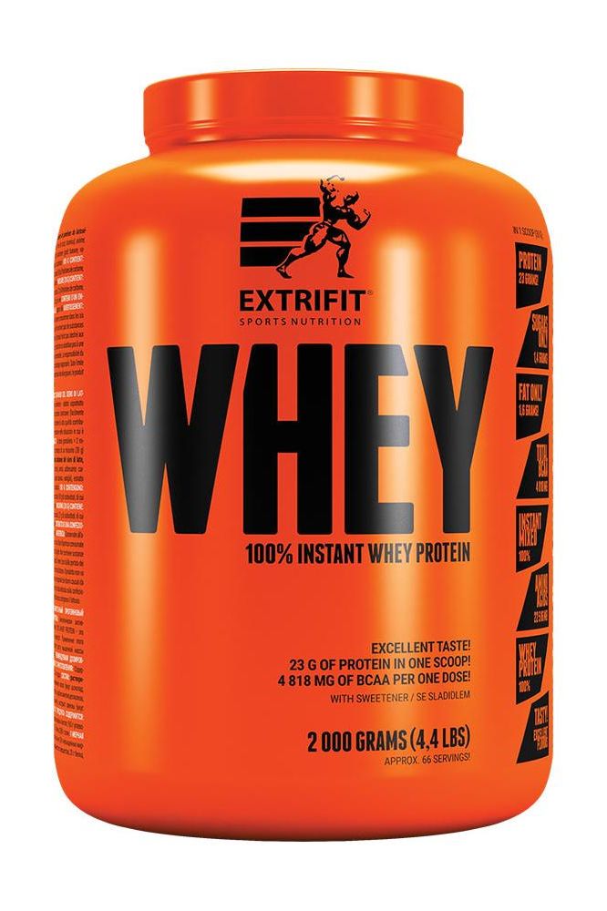 Extrifit 100% Instant Whey Protein in an orange container, featuring 23g protein per scoop and excellent taste.