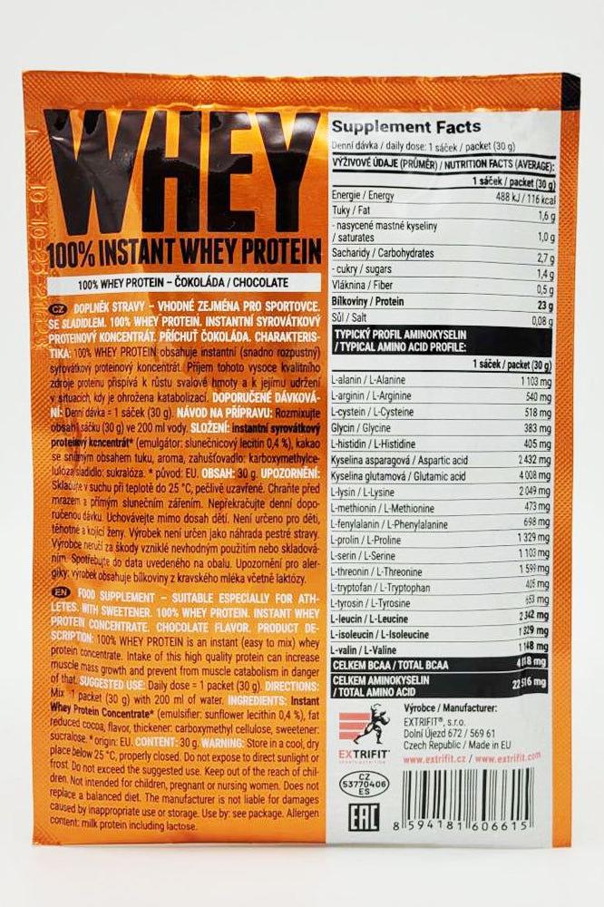 Extrifit 100% Instant Whey Protein packaging with supplement facts and nutritional information.