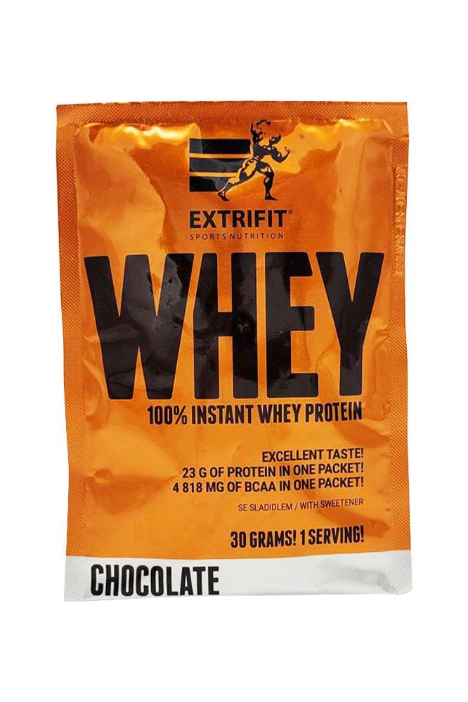 Extrifit 100% Instant Whey Protein chocolate packet with 23g protein and 4818mg BCAA per serving.