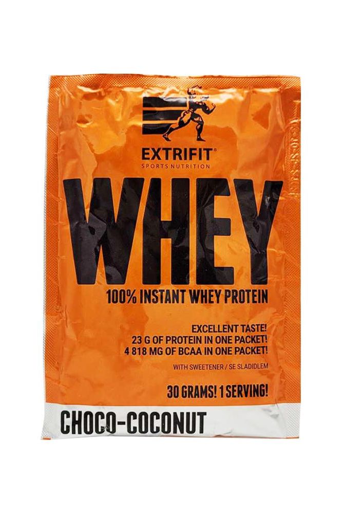 Extrifit 100% Instant Whey Protein in Choco-Coconut flavor, offering 23g protein and 4818mg BCAA per serving.